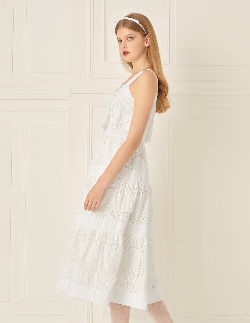 BORA AKSU Neck Bow Lace Patchwork Dress