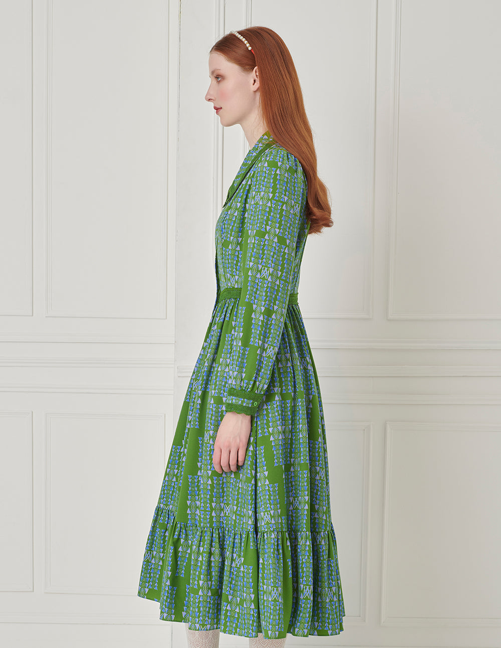 BORA AKSU Long Sleeve Printed Pleated Ruffle Lace-Embellished Button Dress