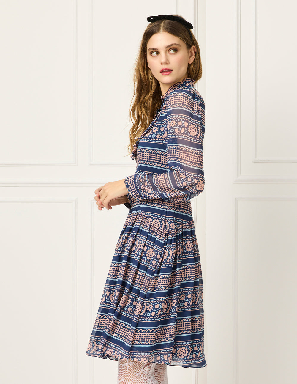 BORA AKSU Stand-Callor Ruffles Bubble Sleeve Print Pleated Midi Dress