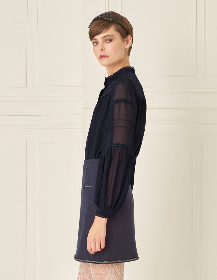 BORA AKSU Stand Collar Puff Sleeve Lace Patchwork Long Sleeve Shirt