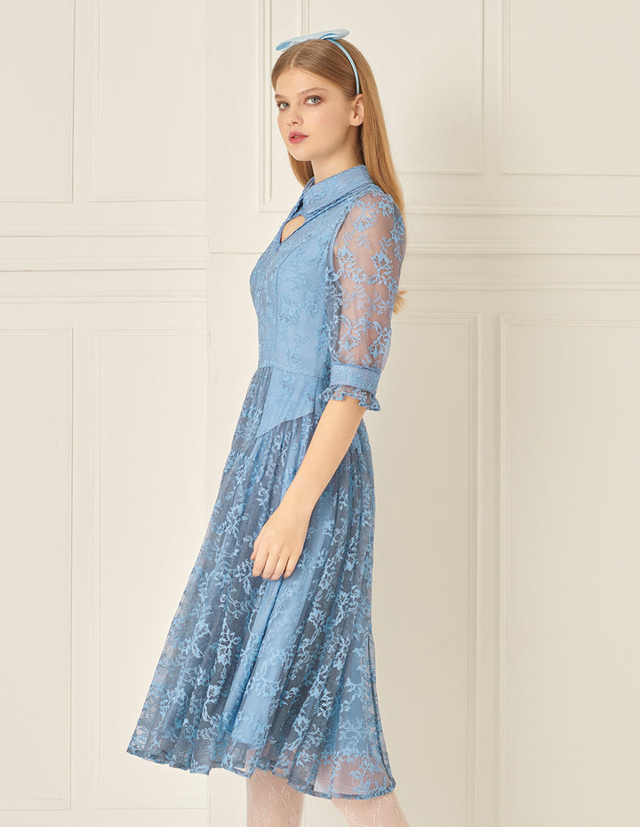 BORA AKSU French Puff Sleeve Shirt Collar Lace Pleated Dress