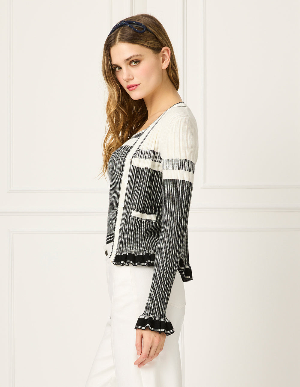 BORA AKSU V-Neck Long Sleeve Stripe Ruffle Trim Knit Cardigan