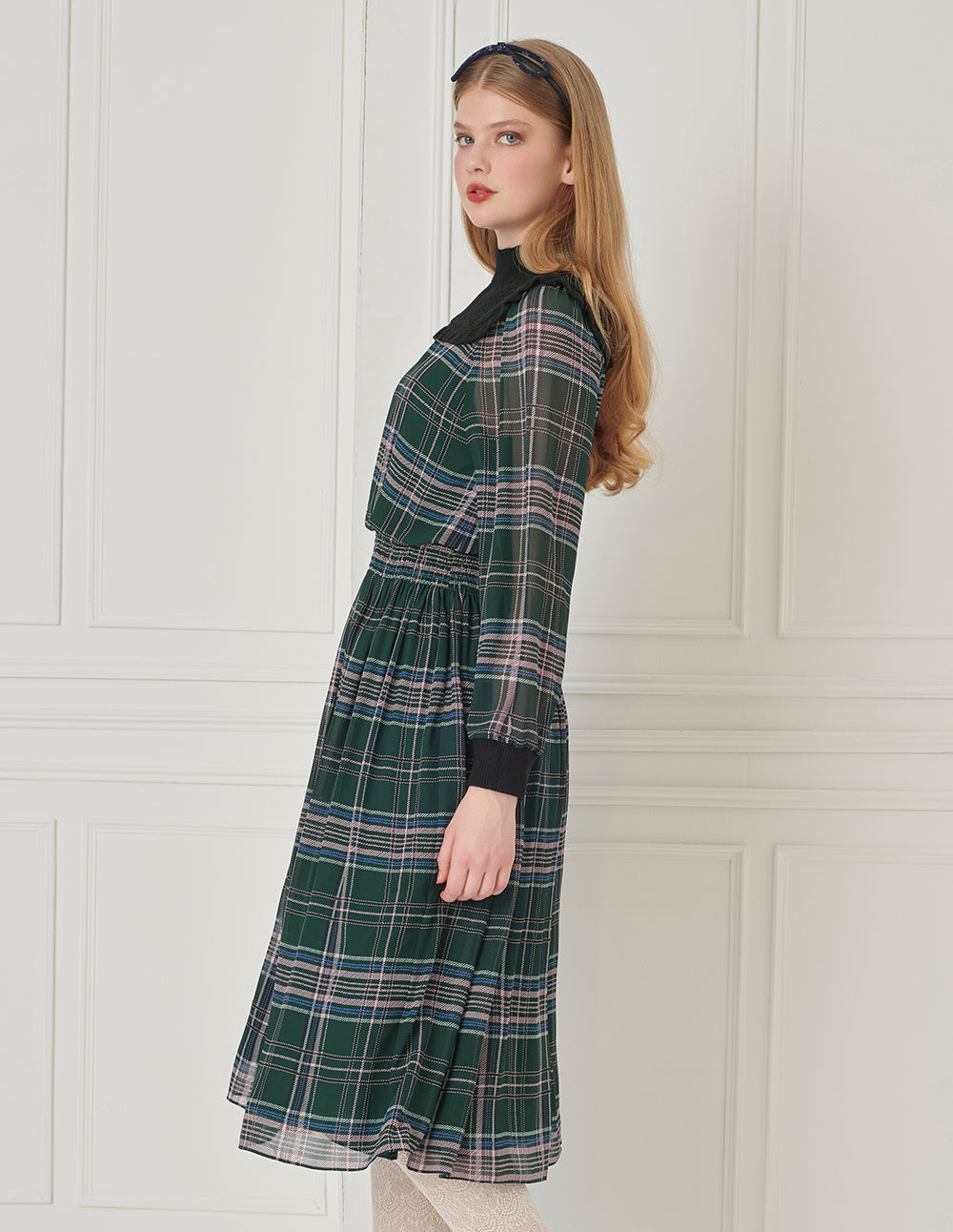 BORA AKSU Ruffled Stand-Up Collar Plaid Puff Long-Sleeve Knitted Splicing Dress