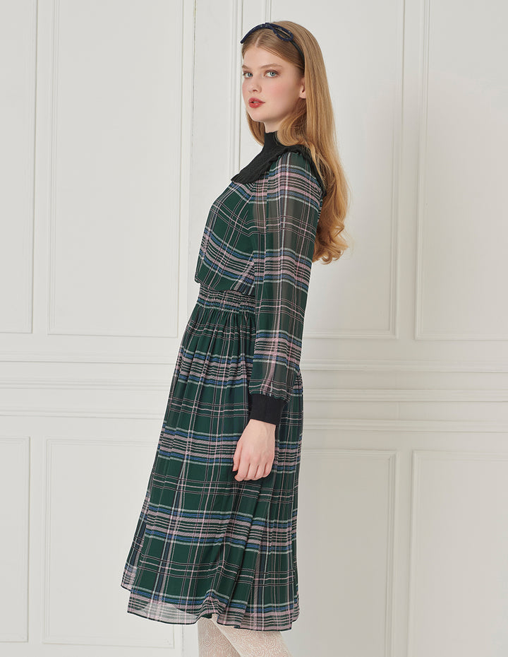 BORA AKSU Ruffled Stand-Up Collar Plaid Puff Long-Sleeve Knitted Splicing Dress