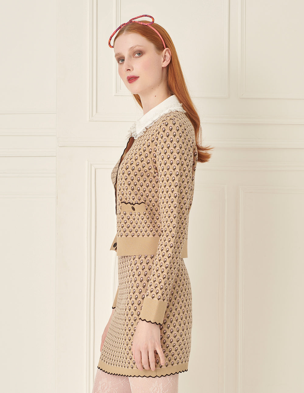 BORA AKSU Detachable Lapel Jacquard Khaki Knitted Cardigan