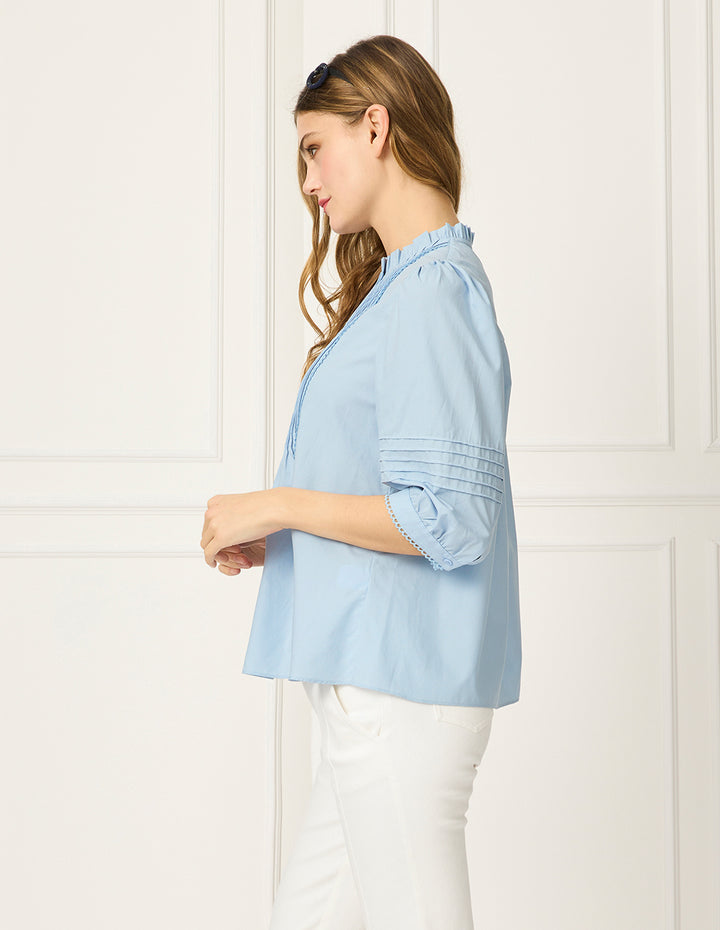 BORA AKSU Ruffled Stand-Collar Puff-Sleeved Pin Tuck Blouse