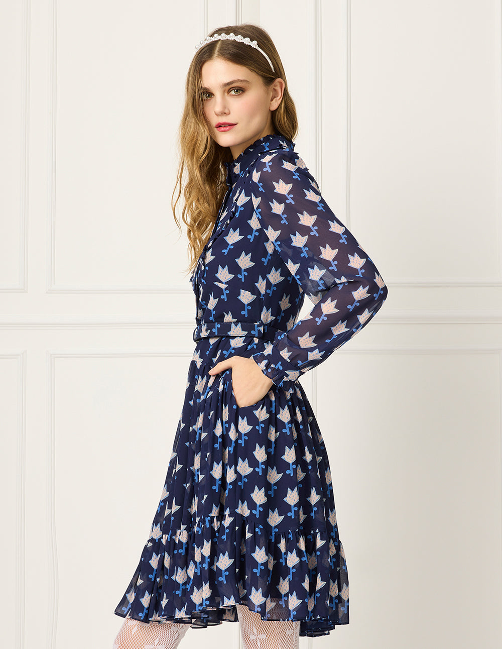 BORA AKSU Ruffle Collar Long Bubble Sleeve Floral Printed Trumpet Dress