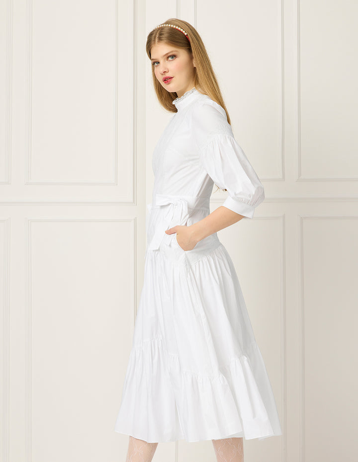 BORA AKSU Lace Stand Collar Puff Sleeve Pleated Midi Dress