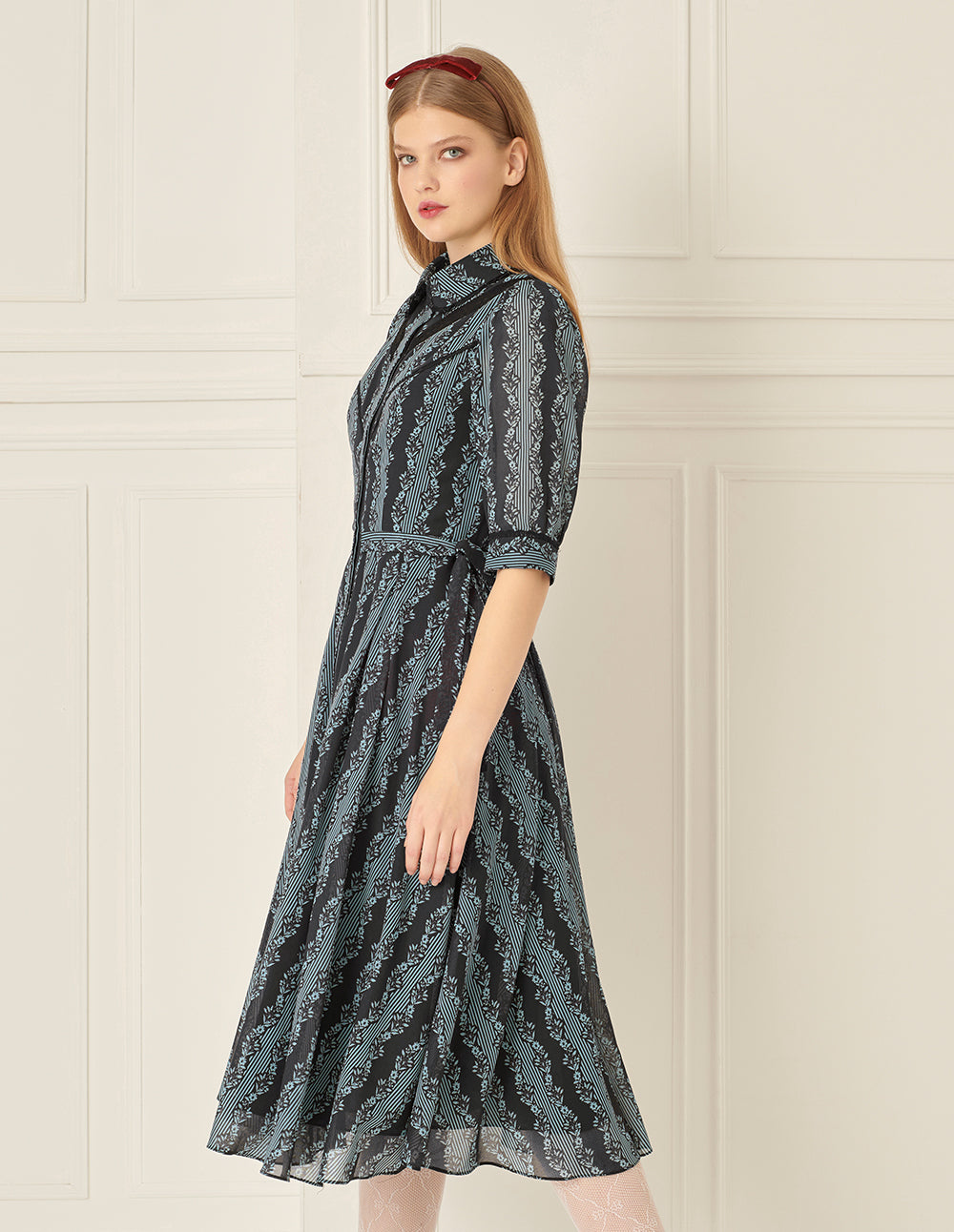 BORA AKSU Lapel Bow-Embellished Printed Dress