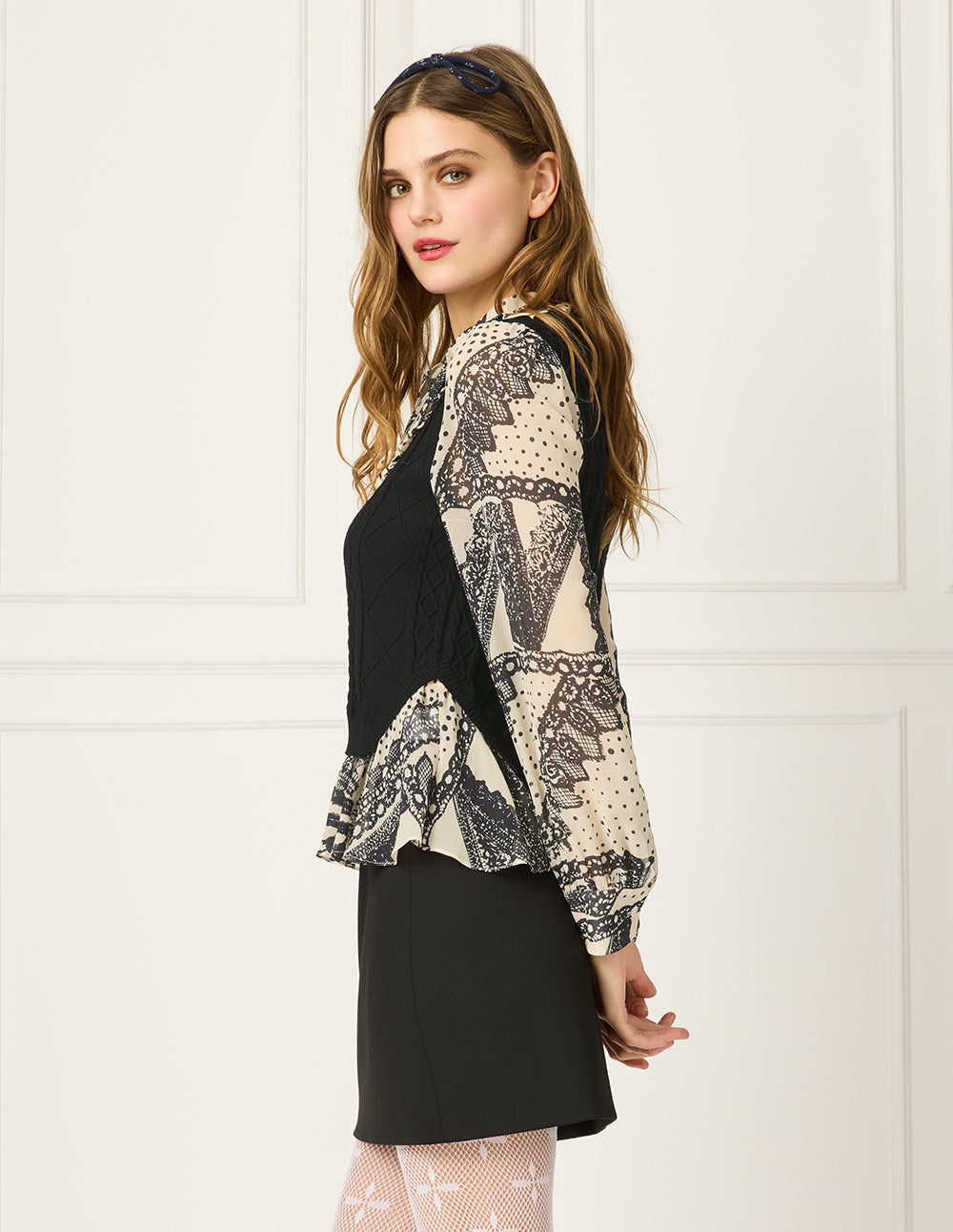 BORA AKSU Bubble Sleeve Patchwork Two-Piece Printed Blouse