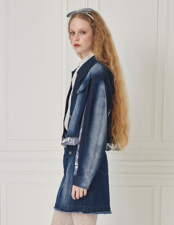 BORA AKSU Versatile Distressed Gradient Washed Blue Three-Dimensional Patch Pocket Denim Skirt