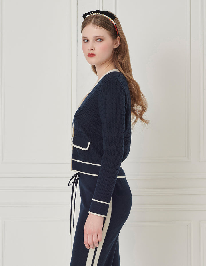 BORA AKSU V-Neck Long-Sleeve Contrasted-Color Button Weave Cropped Wool Cardigan