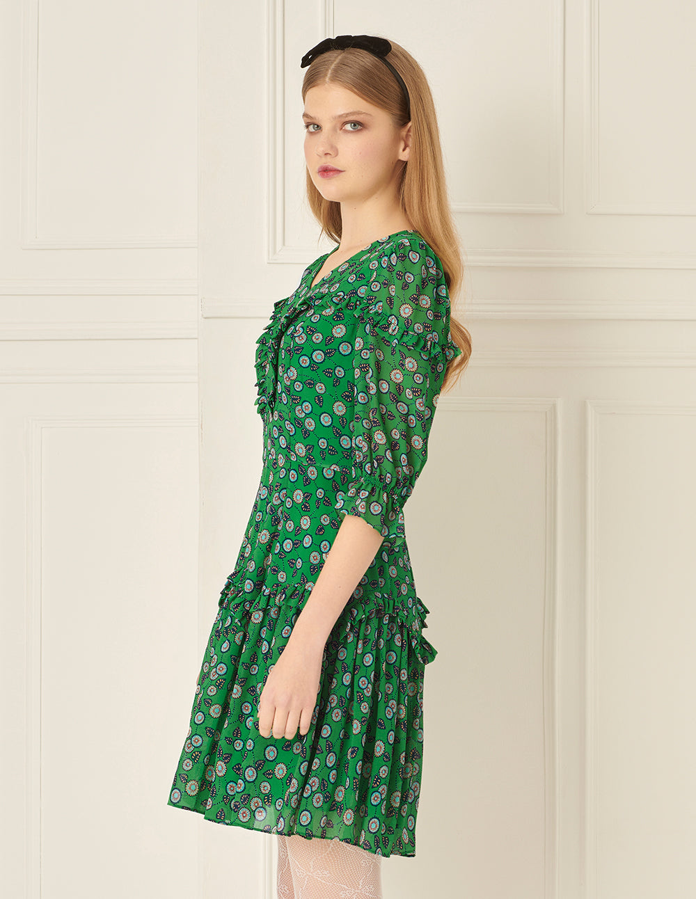 BORA AKSU French V-Neck Pleated Puff Sleeve Printed Dress