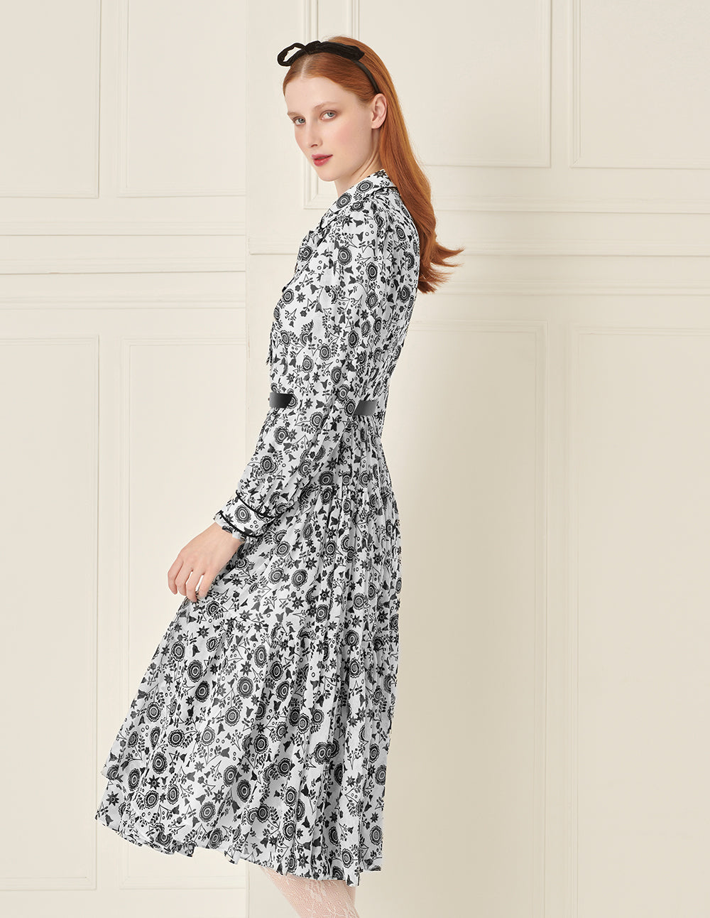 BORA AKSU Retro Lapel Puff Sleeve Printed Belt Dress