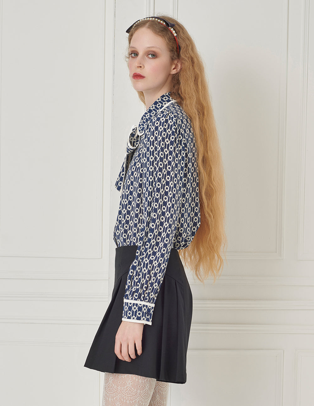 BORA AKSU Silk Mulberry Puff Sleeve Elegant Patchwork Bow Collar Printed Shirt