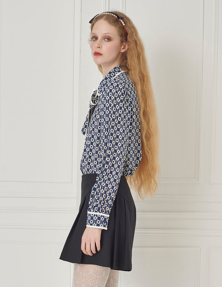 BORA AKSU Silk Mulberry Puff Sleeve Elegant Patchwork Bow Collar Printed Shirt