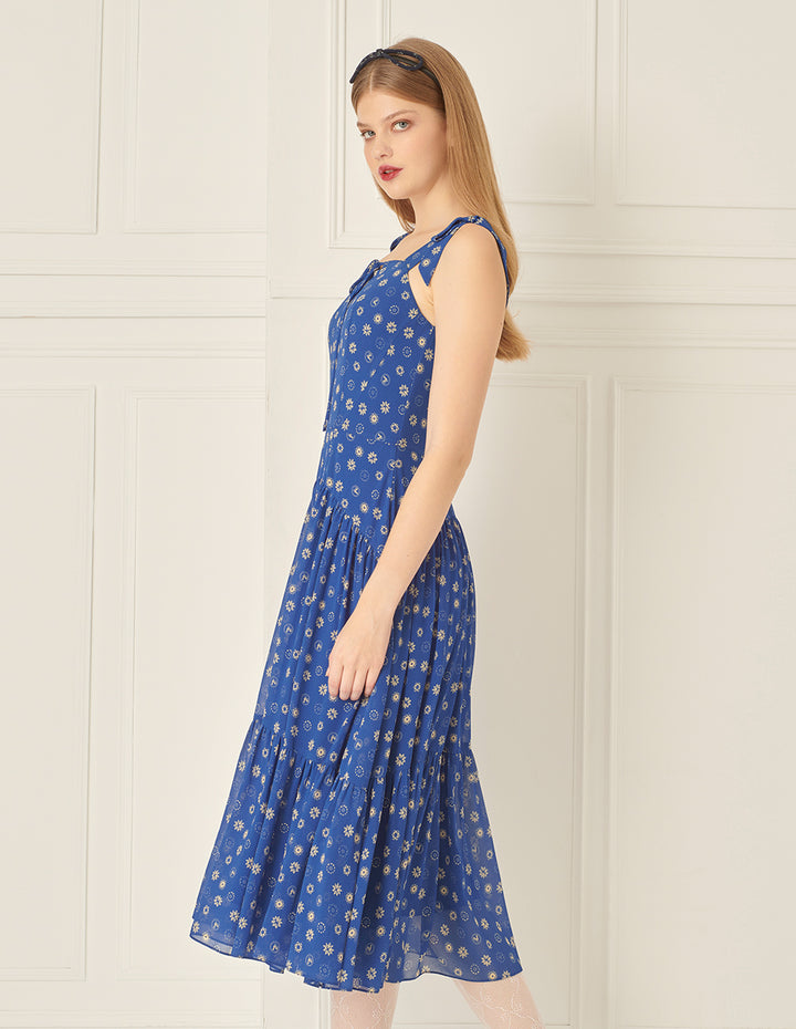 BORA AKSU Bow-Embellished Suspender Pleated Printed Dress