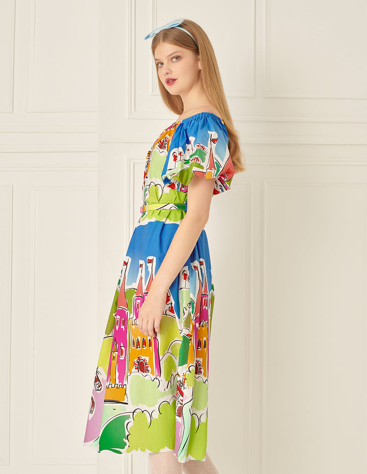 BORA AKSU Puff Sleeve Pleated Printed Dress