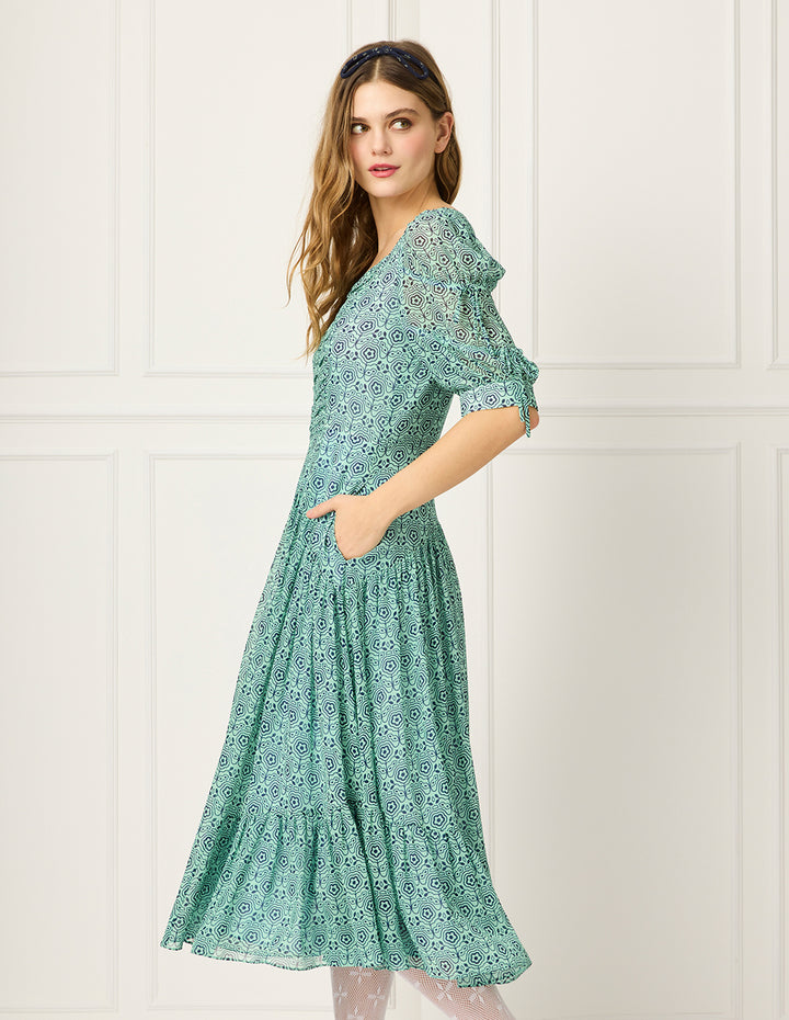 BORA AKSU Diamond Collar Puff Short-Sleeve Empired Print Midi Dress