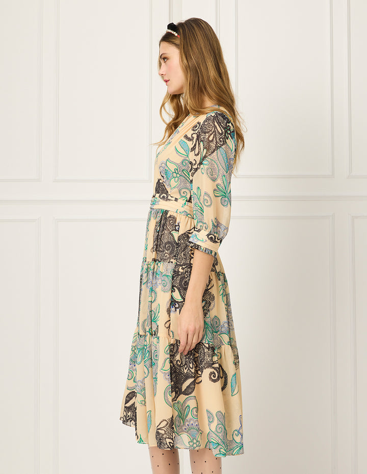 BORA AKSU V-Neck Puff Sleeve Floral Lace Print Pleated Midi Wrap Dress