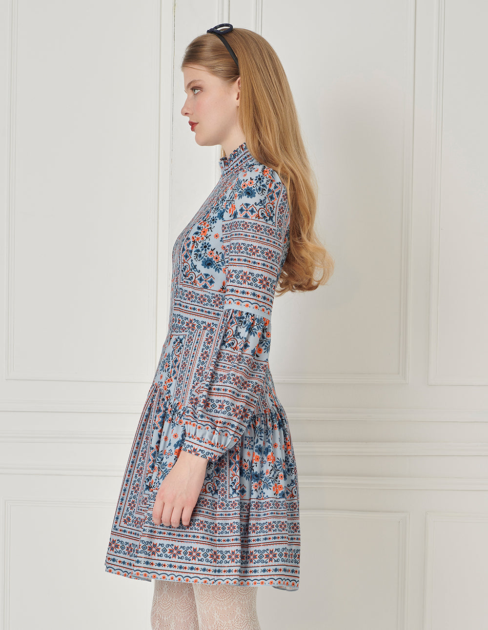 BORA AKSU Ruffle-Collar Puff Long-Sleeve Printed Pleated Midi Dress