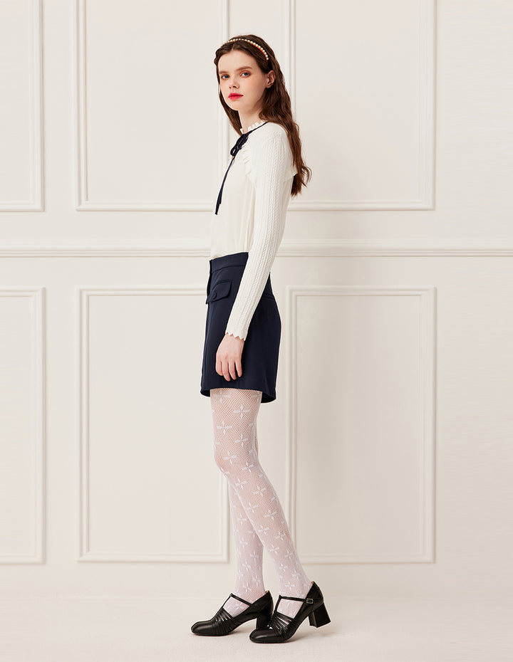 BORA AKSU Knitted Ruffled Round Neck Long Sleeve Patchwork Silk Blouse