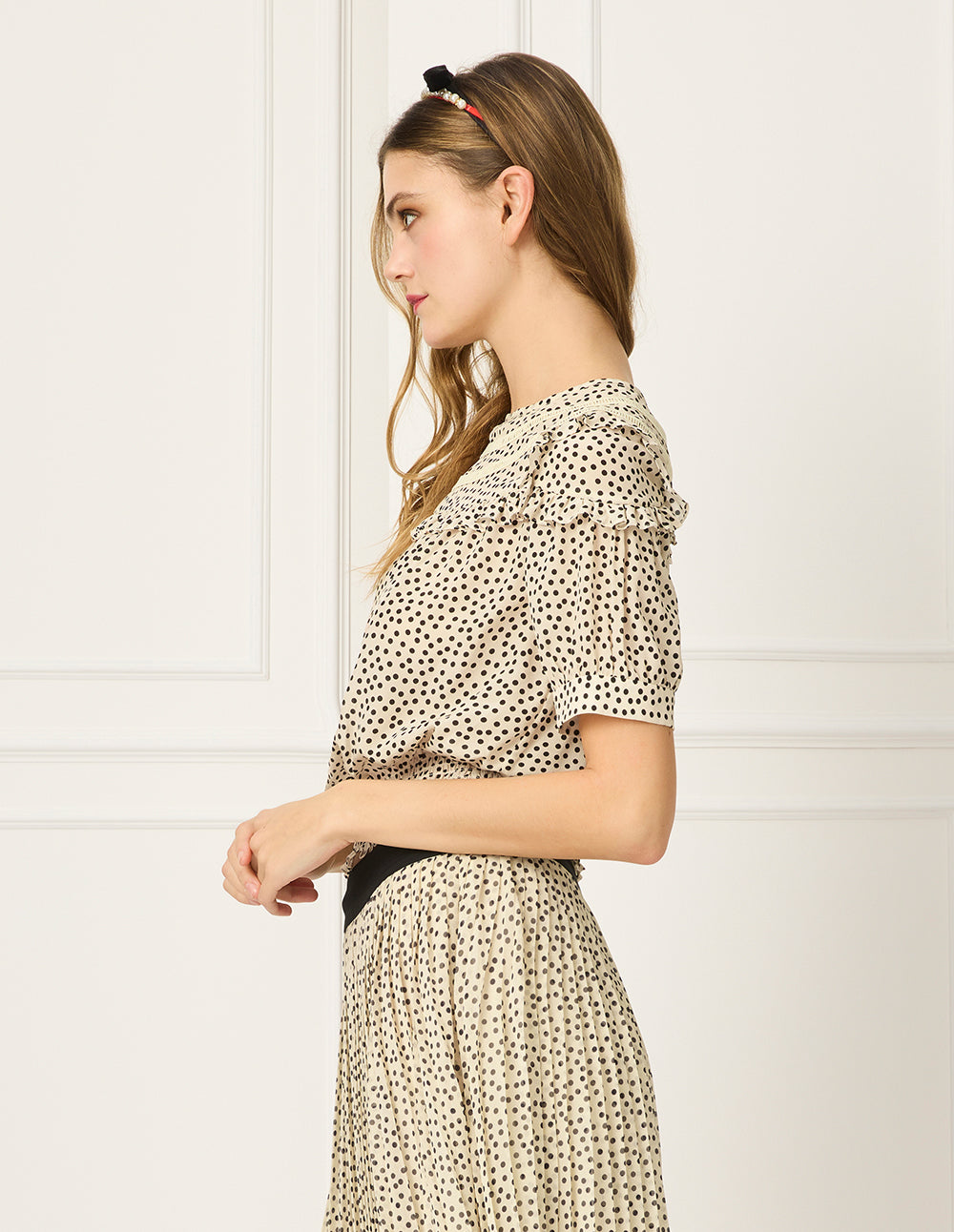 BORA AKSU Round Neck Puff Short-Sleeve Polka Dot Ruffle-Trim Top