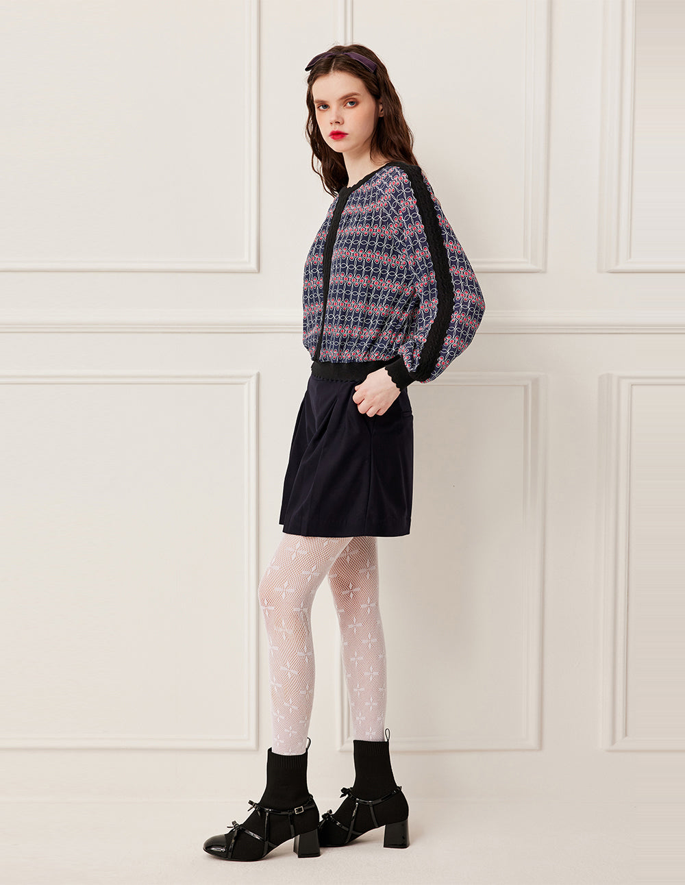 BORA AKSU Ruffled Round Neck Red White Geometric Print Knit Top