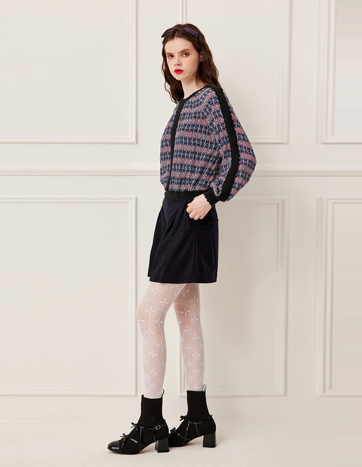 BORA AKSU Ruffled Round Neck Red White Geometric Print Knit Top