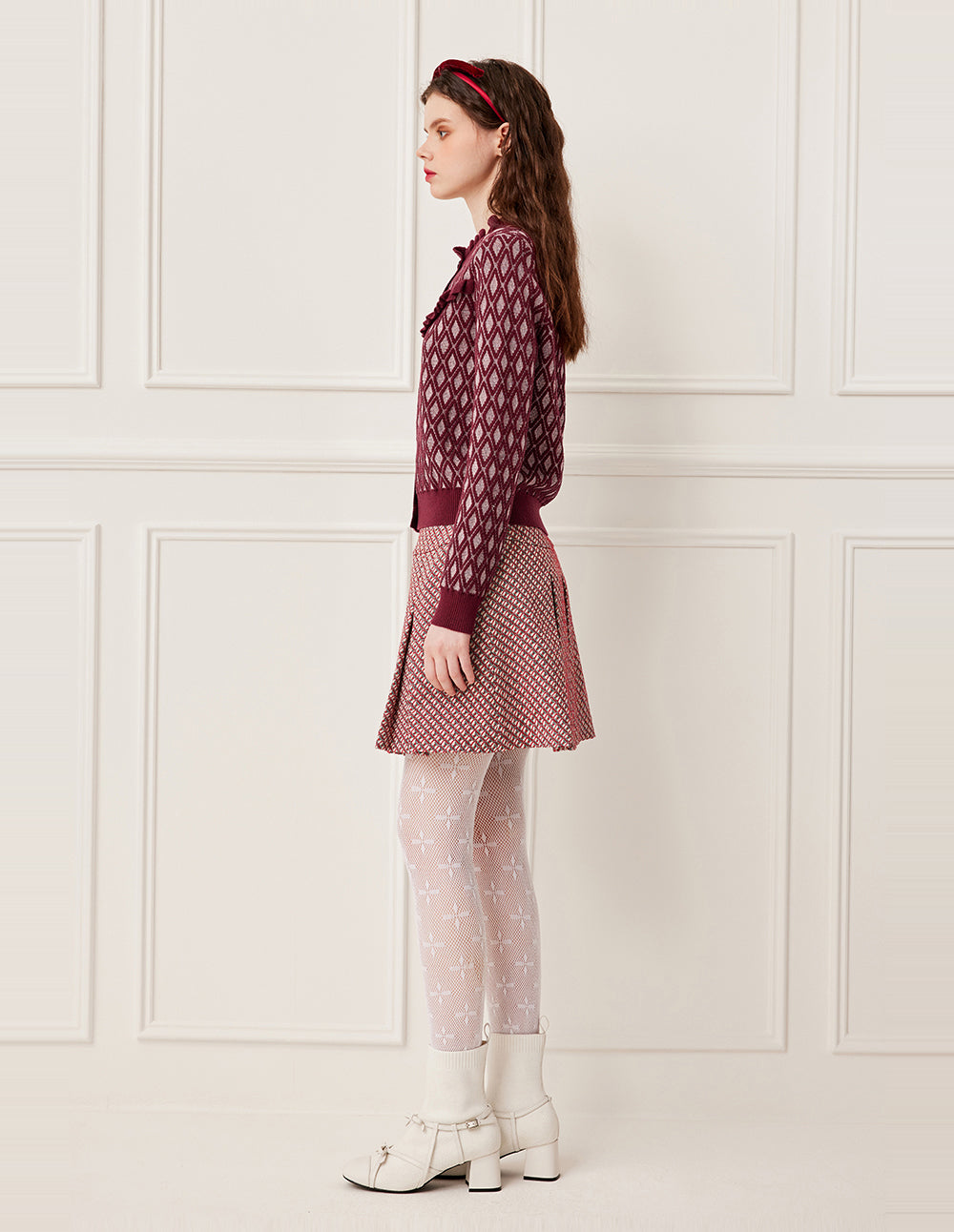 BORA AKSU Ruffled Turtleneck Diamond Pattern Wool Knit Cardigan