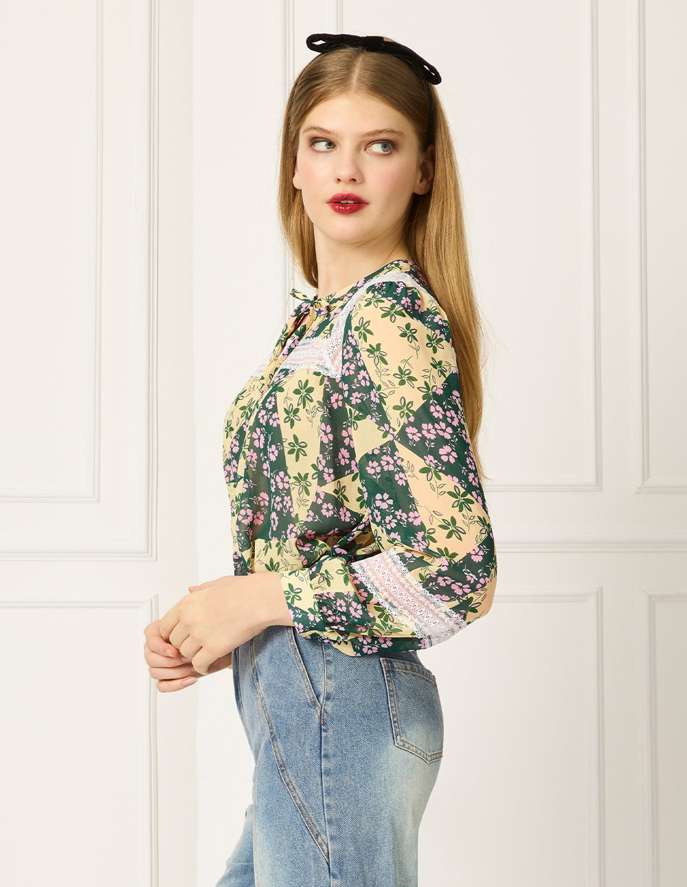 BORA AKSU Bubble Sleeve Tie-Neck Floral Print Blouse