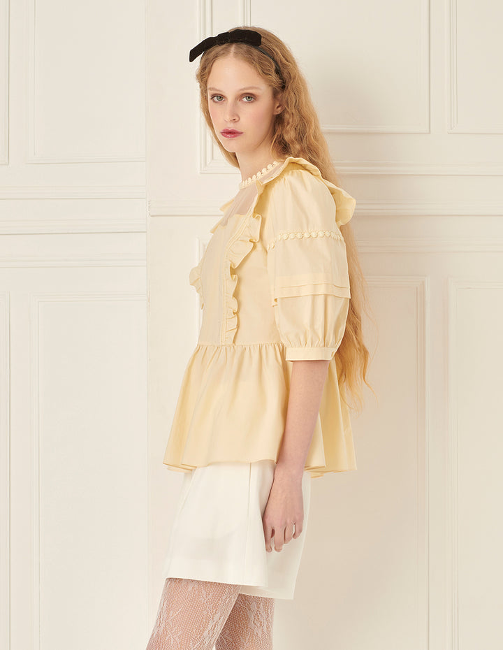 BORA AKSU Puff Sleeve Mesh Collar Patchwork Top