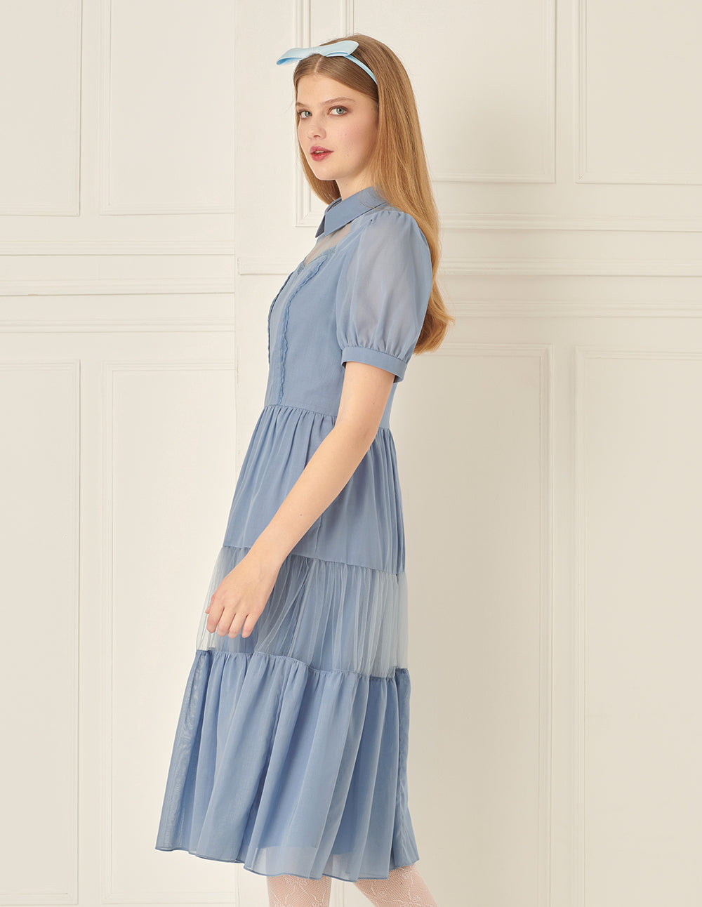 BORA AKSU Puff Sleeve Lapel Pure Cotton Mesh Patchwork Dress