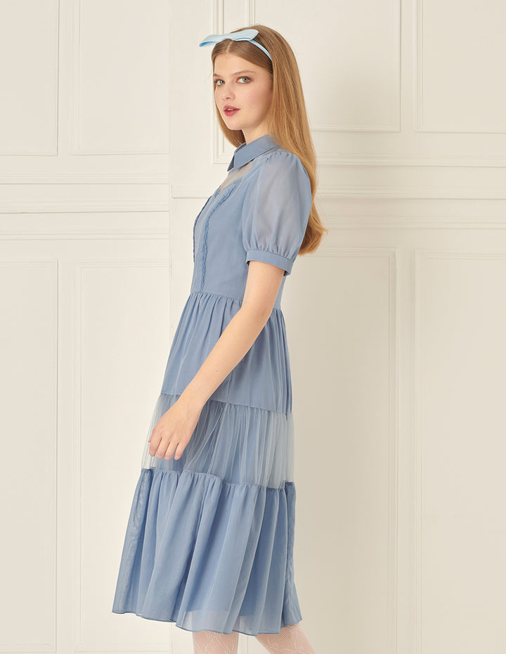 BORA AKSU Puff Sleeve Lapel Pure Cotton Mesh Patchwork Dress