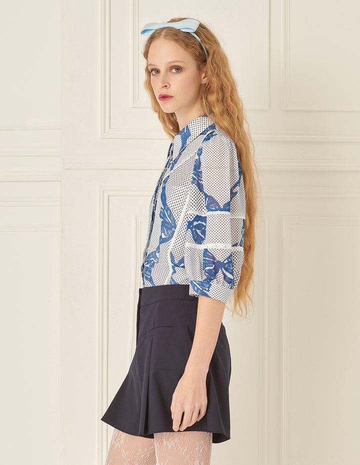 BORA AKSU French Puff-Sleeve Lace-Embellished Bow-Print 3/4 Blouse