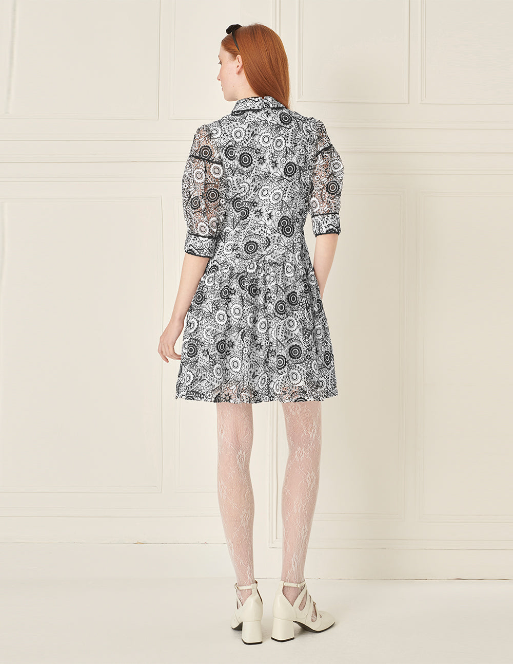 BORA AKSU Retro Puff Sleeve Black And White Lace Dress