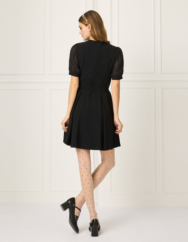 BORA AKSU Round-Neck Puff Short-sleeved Empire-Waist Pleated Black Midi Dress