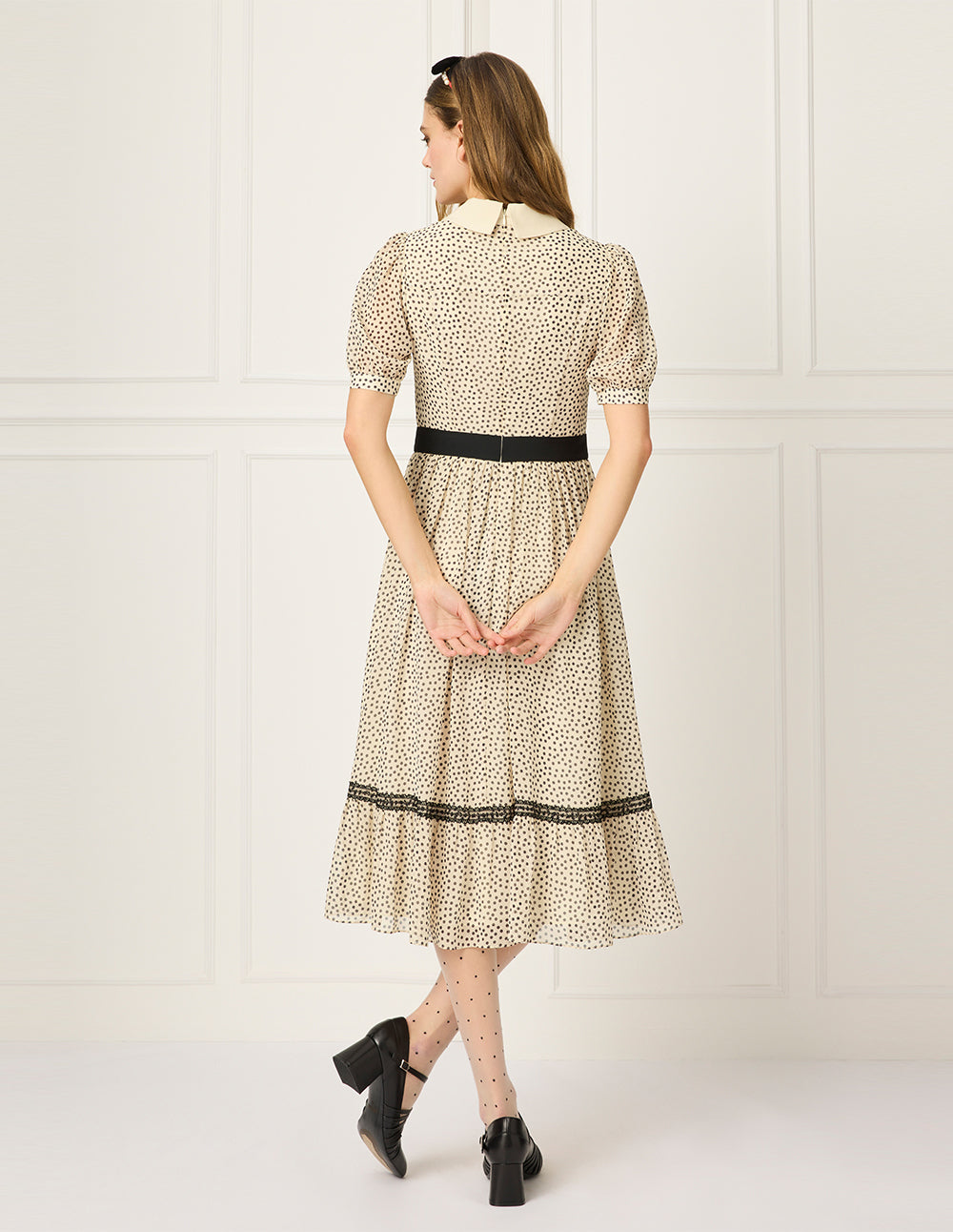 BORA AKSU Lapel Puff Short Sleeve Polka Dot Print Pleated Midi Dress