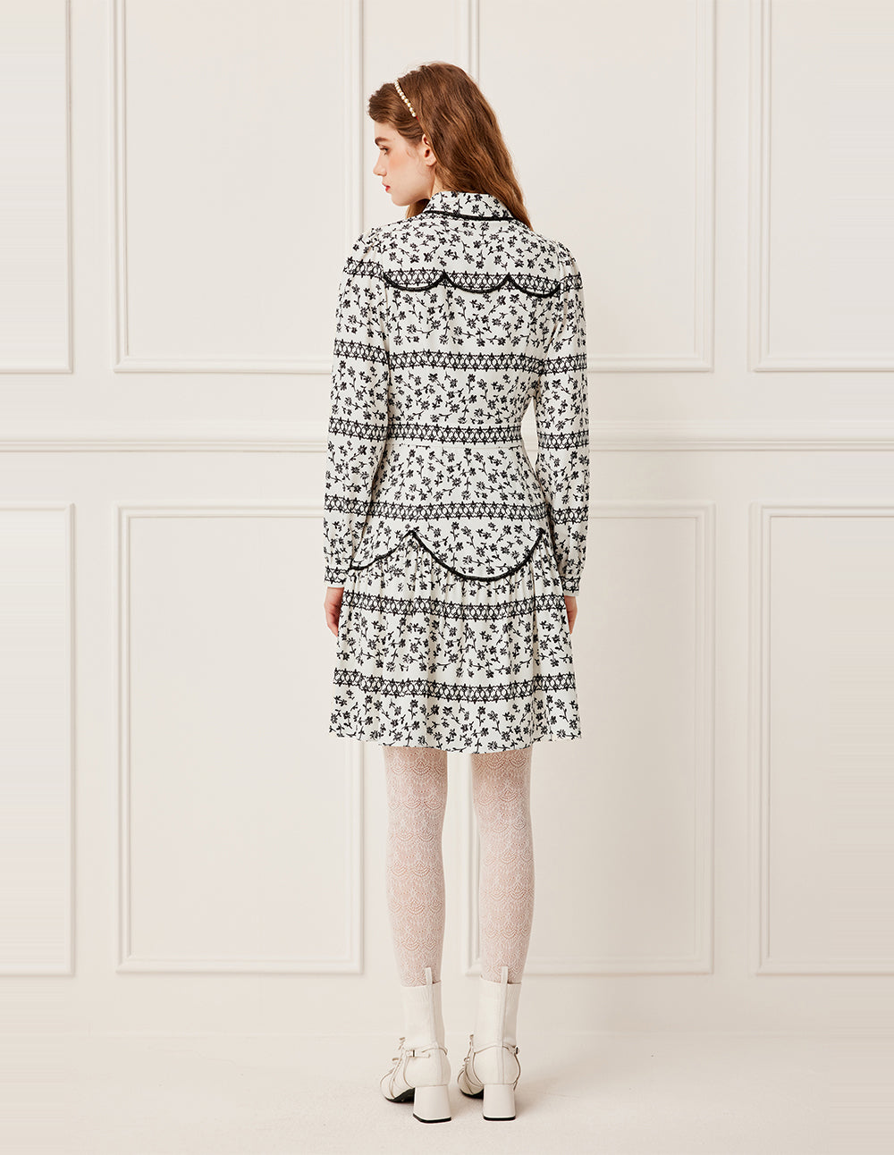 BORA AKSU Black Floral Print Puff Sleeve Midi Dress with Lace Trim