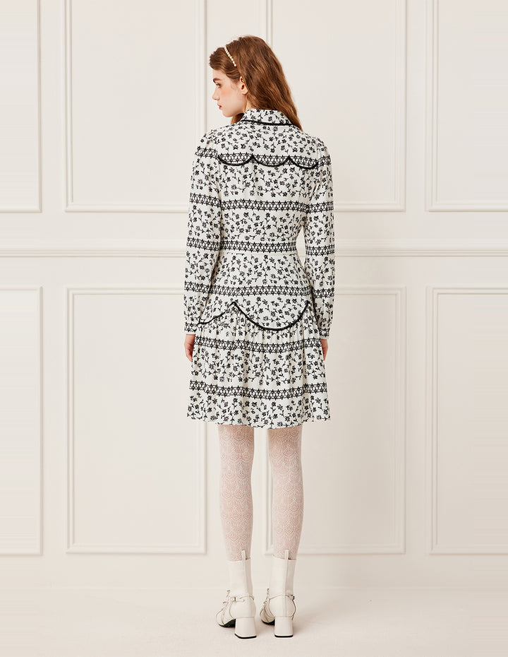 BORA AKSU Black Floral Print Puff Sleeve Midi Dress with Lace Trim