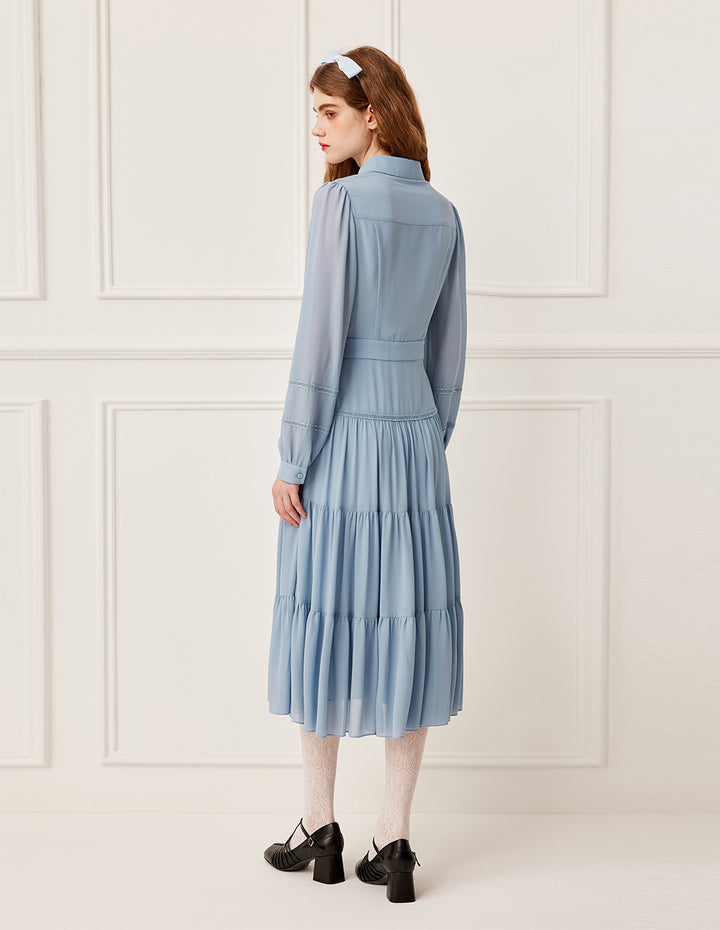BORA AKSU Layered Ruffle-Trim Long Sleeve Pleated Midi Shirt Dress