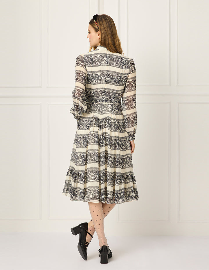 BORA AKSU Ruffle Stand Collar Pin-Tuck Lace-Floral Embroidery Print Puff Long-Sleeve Empire-Waist Pleated Midi Dress