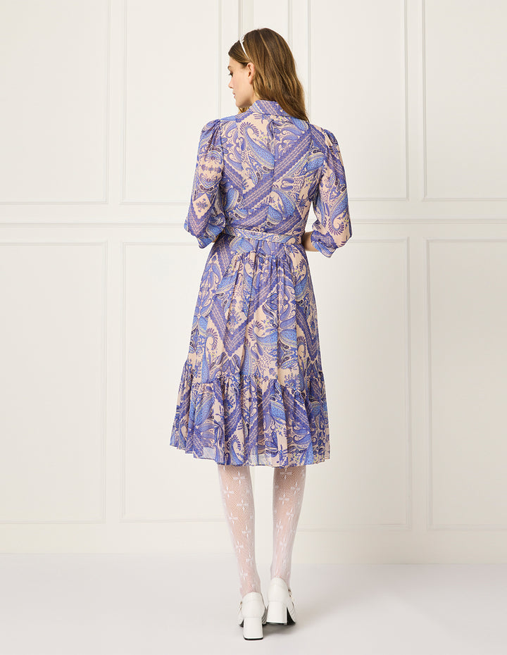 BORA AKSU Tuxedo-Shirt Collar Puff Sleeve Paisley Print Pleated Midi Shirt Dress