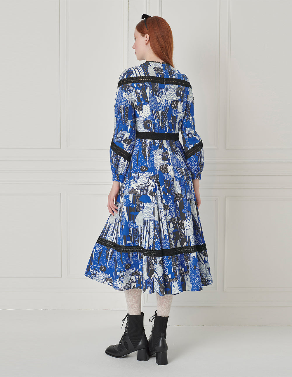 BORA AKSU Ruffle Crew-Neck Printed Long-Sleeve Pleated Midi Dress