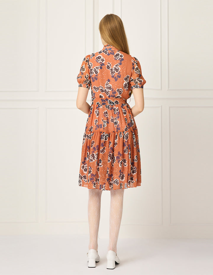 BORA AKSU Ruffled Stand Collar Bubble Sleeve Floral Print Belted Pleated Midi Dress