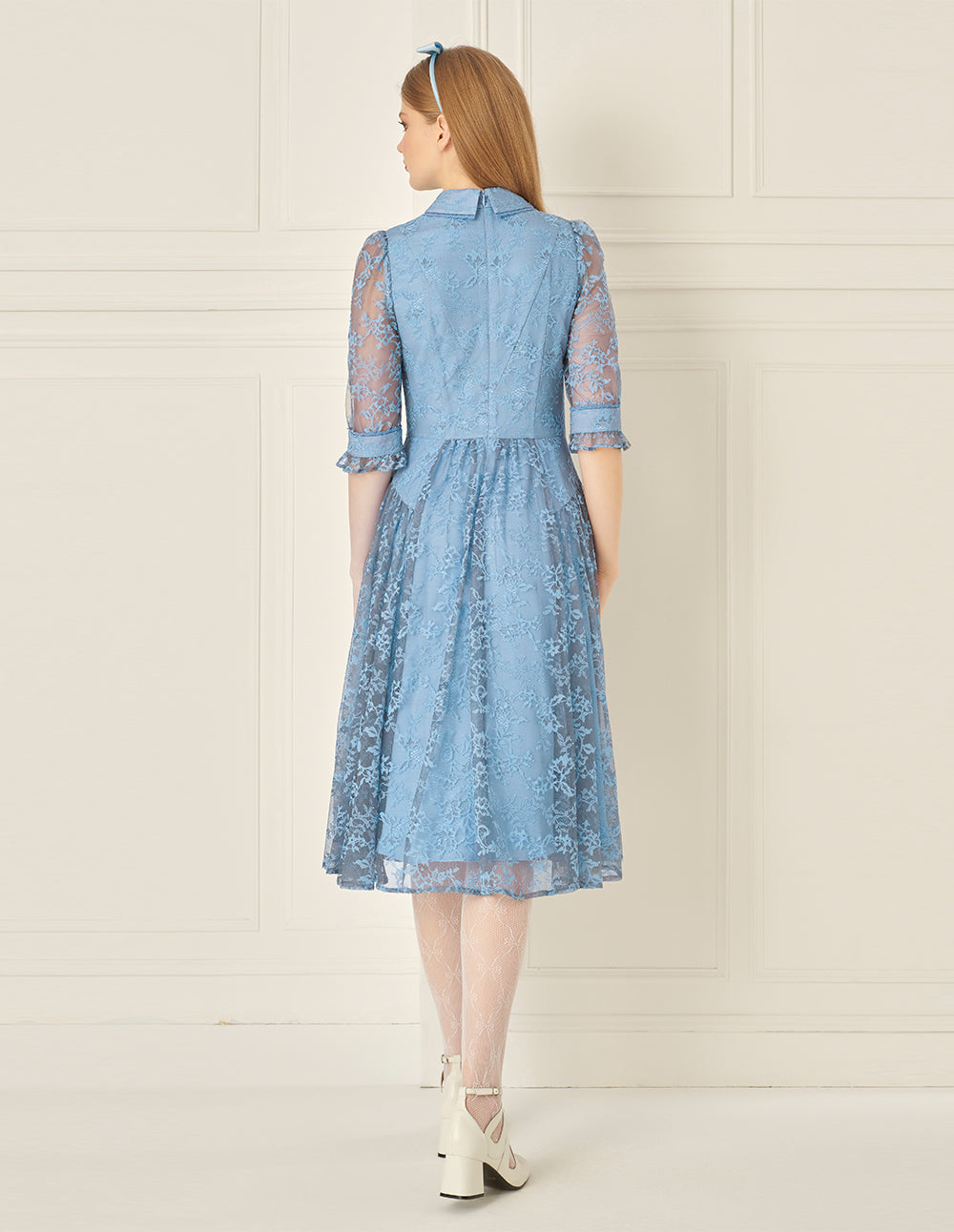BORA AKSU French Puff Sleeve Shirt Collar Lace Pleated Dress