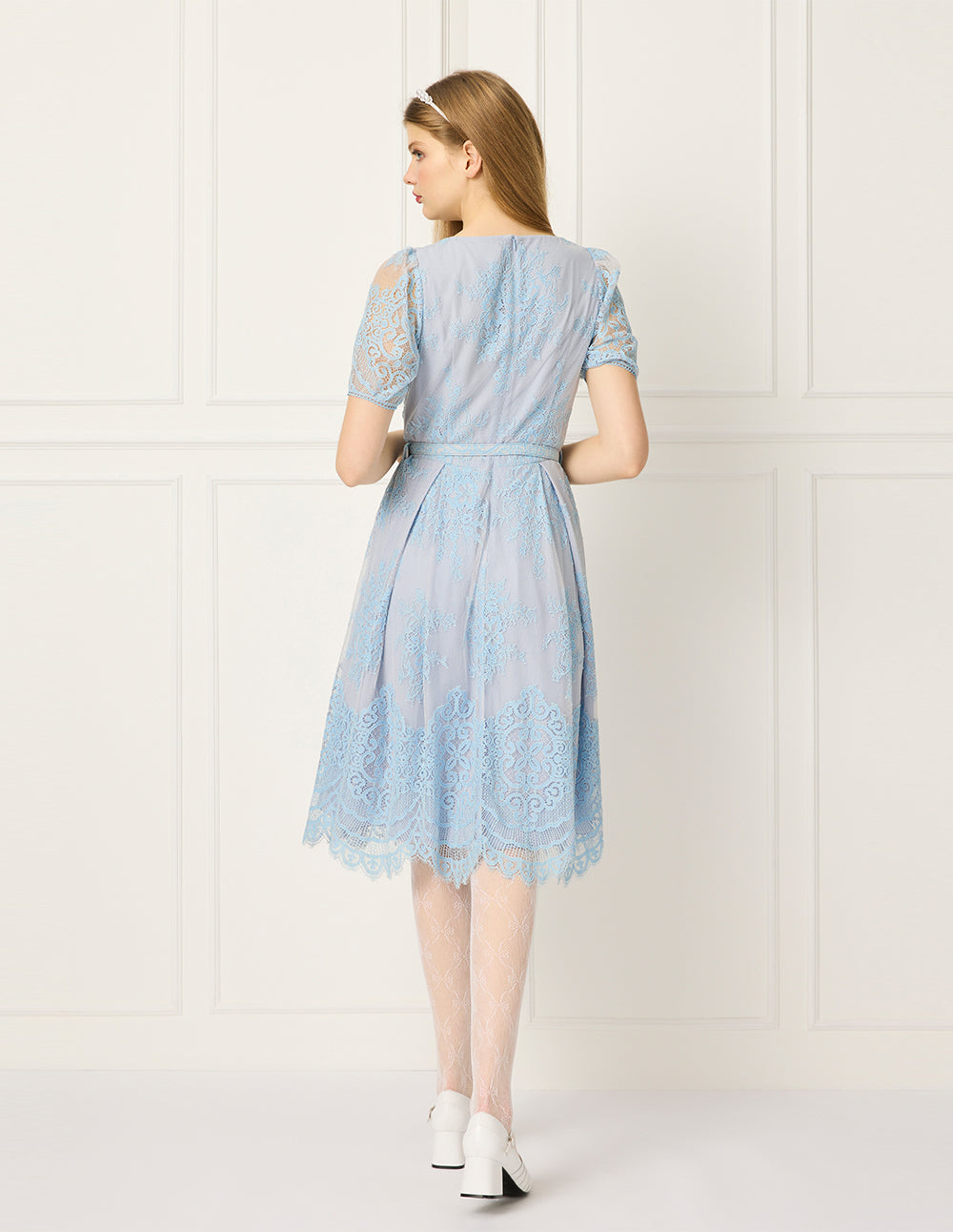 BORA AKSU Diamond-Collar Puff Short-Sleeve Lace-Floral Print Pleated Midi Dress