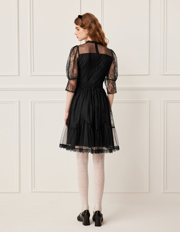 BORA AKSU Ruffled Round Neck Sheer Lace Long Sleeve Midi Dress