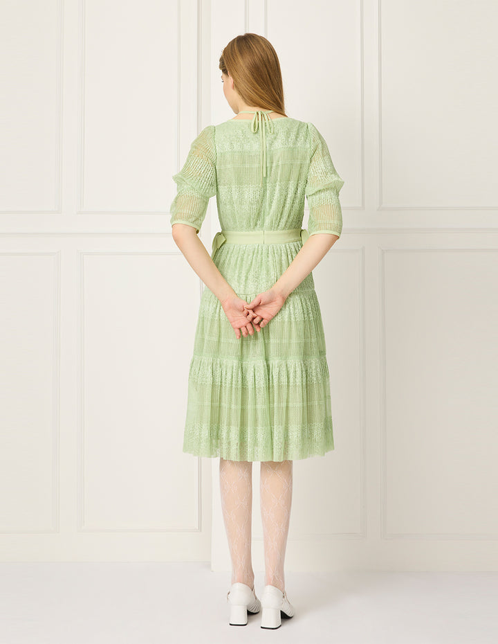 BORA AKSU V-Neck Puff Short Sleeve Tie Pleated Lace Midi Dress