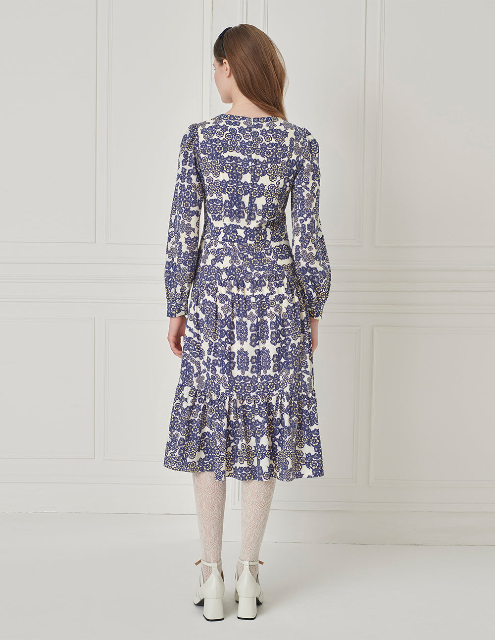 BORA AKSU Retro Square Neck Long Sleeve Pleated Printed Dress